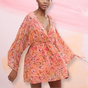 CRESCENT Peach/Pink Floral Plunge Wrap Mini Dress